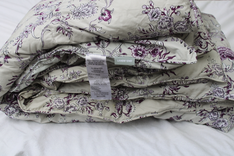 photo of Lands End poly fill down alternative duvet, king size comforter polished cotton purple & soft grey floral  #1