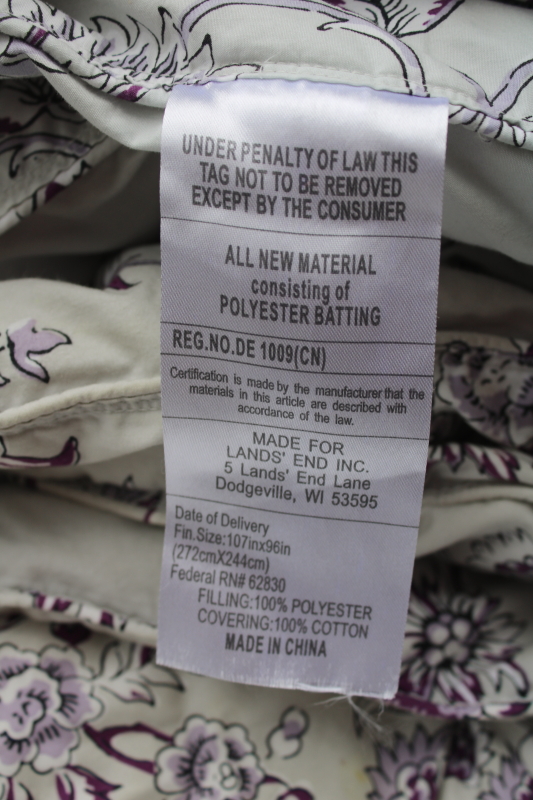 photo of Lands End poly fill down alternative duvet, king size comforter polished cotton purple & soft grey floral  #3