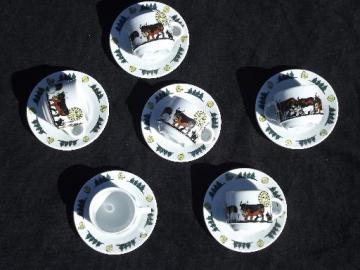 catalog photo of Langenthal Switzerland china cups and saucers, Alpine brown Swiss cows on mountain