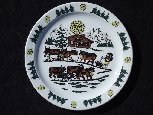 photo of Langenthal Switzerland china plates, Alpine brown Swiss cows on mountain #2