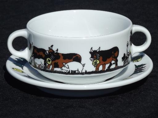 photo of Langenthal Switzerland china soup cups, Alpine brown Swiss cows on mountain #2