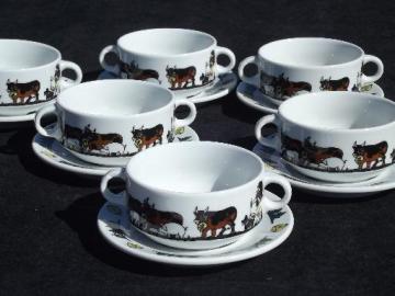catalog photo of Langenthal Switzerland china soup cups, Alpine brown Swiss cows on mountain