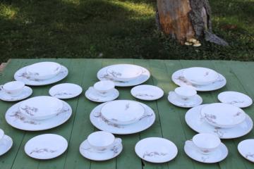 catalog photo of Larchmont vintage Japan china set for 6 neutral rustic luxury winter holiday, pine branches w/ cones pattern