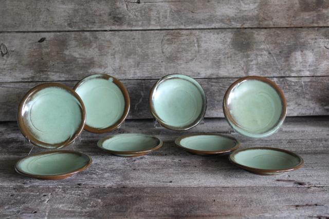 photo of Lazy Bones Frankoma pottery prairie green / brown small plates or saucers #1