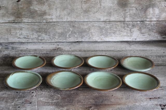 photo of Lazy Bones Frankoma pottery prairie green / brown small plates or saucers #4