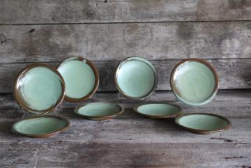 catalog photo of Lazy Bones Frankoma pottery prairie green / brown small plates or saucers