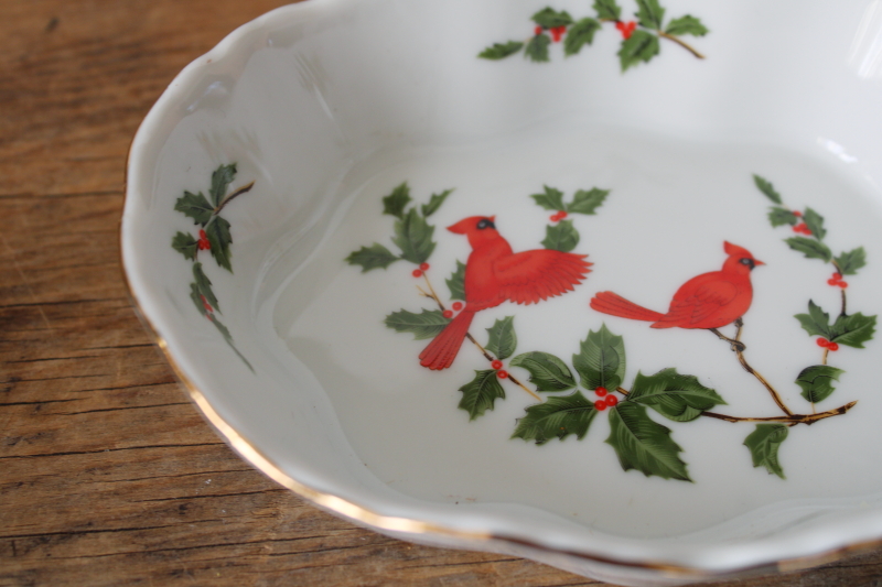 photo of Lefton Japan Christmas holly & cardinals birds soap dish, 1980s vintage  #2