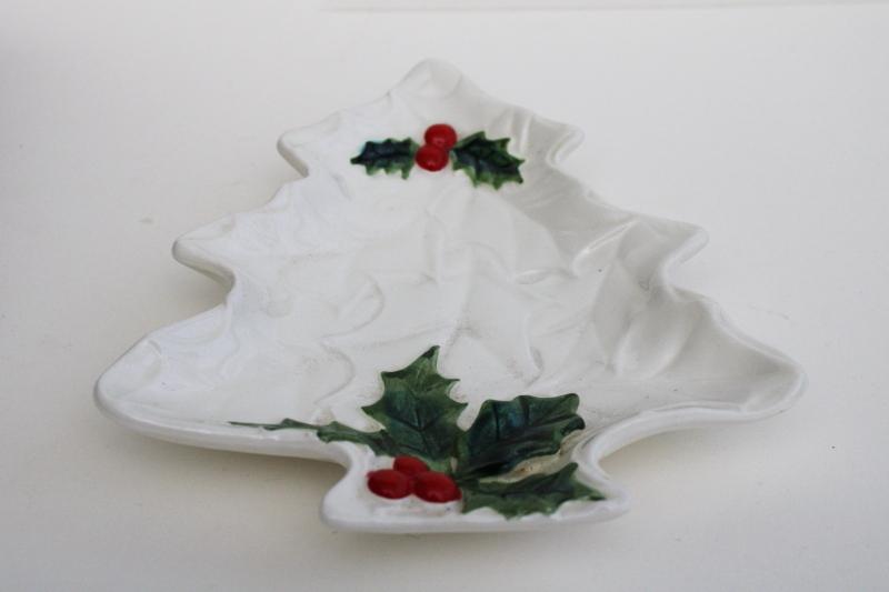 photo of Lefton Japan ceramic holly berry white Christmas tree shape dish, 1970s vintage #1