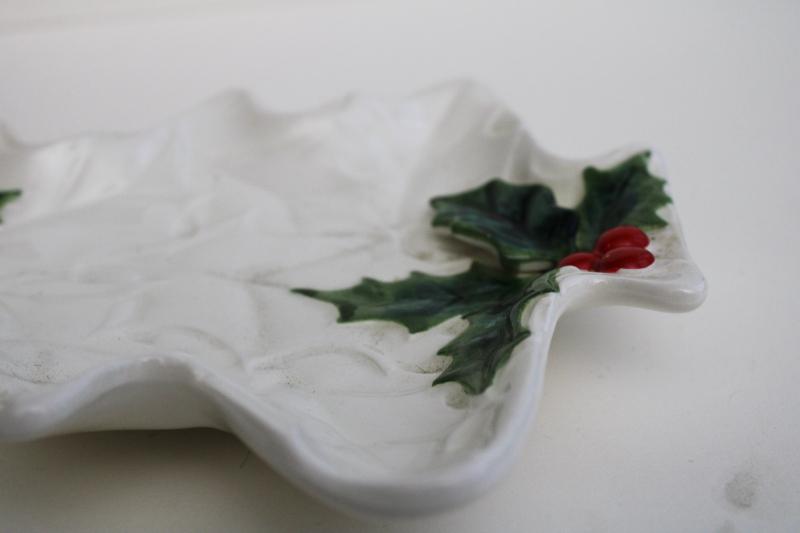 photo of Lefton Japan ceramic holly berry white Christmas tree shape dish, 1970s vintage #3