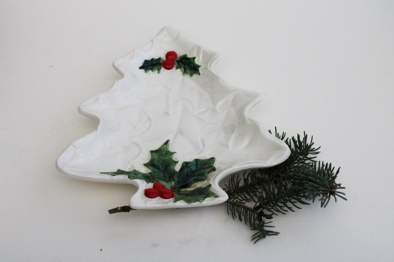 photo of Lefton Japan ceramic holly berry white Christmas tree shape dish, 1970s vintage #6