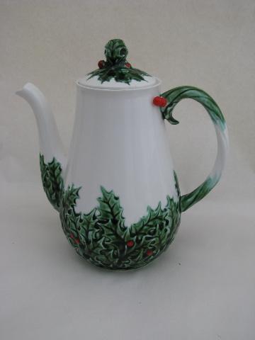 photo of Lefton - Japan, vintage Christmas holly pattern tea pot or coffee set w/ cream & sugar #2