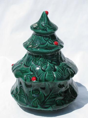 photo of Lefton vintage Japan Christmas tree dishes, candy jar, holly pattern #2