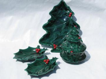 catalog photo of Lefton vintage Japan Christmas tree dishes, candy jar, holly pattern