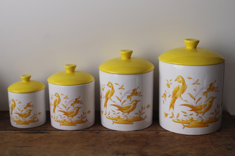 photo of Leipzig Lippe vintage canister set, Portugal hand painted ceramic canisters w/ yellow birds  #1