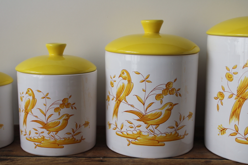 photo of Leipzig Lippe vintage canister set, Portugal hand painted ceramic canisters w/ yellow birds  #7