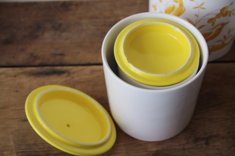 photo of Leipzig Lippe vintage canister set, Portugal hand painted ceramic canisters w/ yellow birds  #11