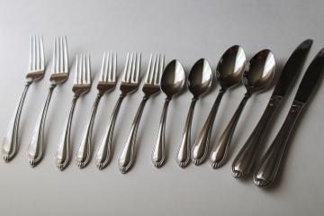 catalog photo of Lenox Alcott pattern stainless flatware, dinner & salad forks, spoons, teaspoons, knives 