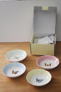 catalog photo of Lenox Butterfly Meadow fruit bowls set in box, pastel colors border pink blue yellow green