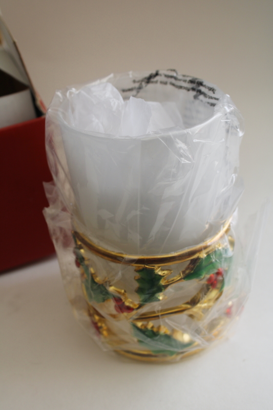 photo of Lenox Christmas holly holiday gold votive in box, metal candle holder w/ glass insert #3