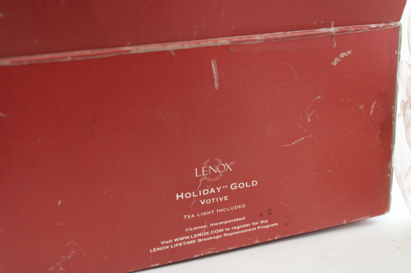 photo of Lenox Christmas holly holiday gold votive in box, metal candle holder w/ glass insert #4