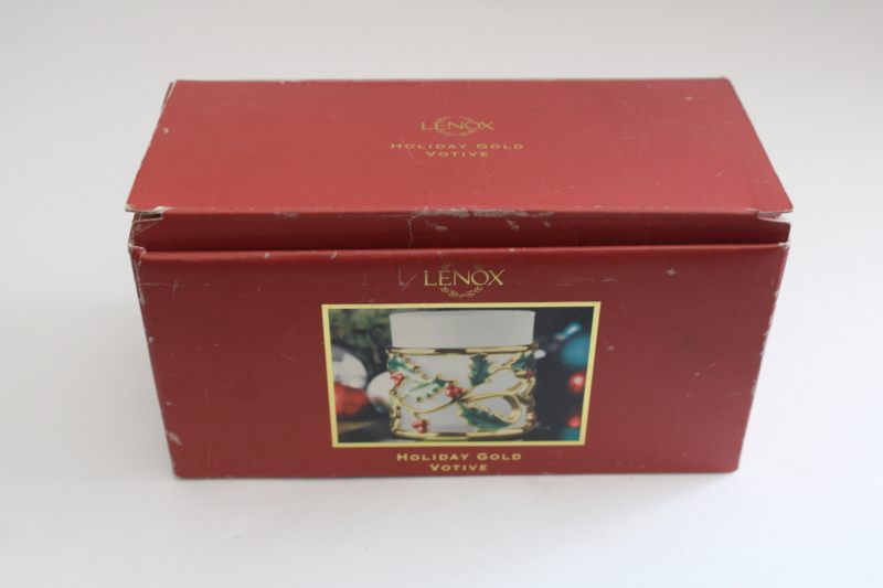 photo of Lenox Christmas holly holiday gold votive in box, metal candle holder w/ glass insert #5