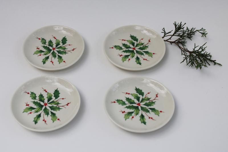 photo of Lenox Holiday holly pattern china coasters, ashtrays or butter pat plates set #1