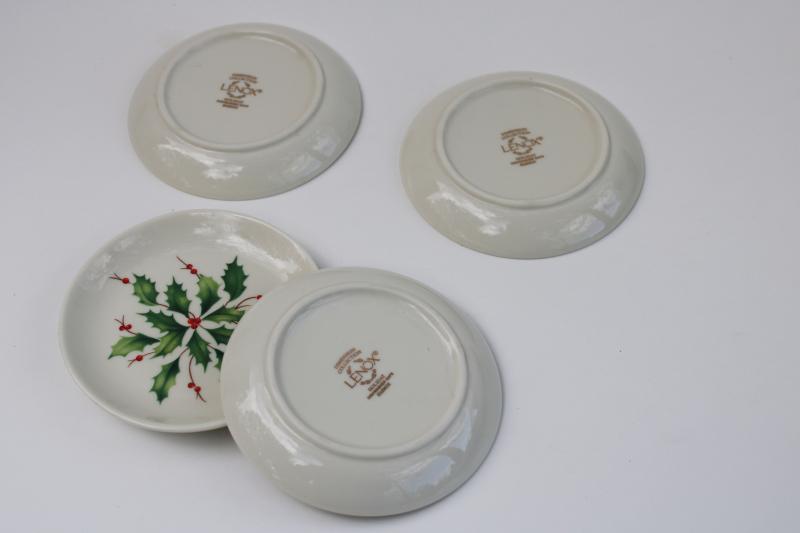 photo of Lenox Holiday holly pattern china coasters, ashtrays or butter pat plates set #2