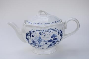 catalog photo of Lenox Les Saisons china teapot, blue & white toile vintage French country style