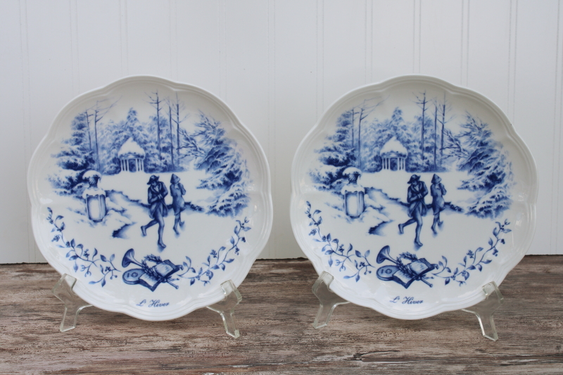 photo of Lenox Les Saisons vintage French country blue and white china toile print accent plates Winter scene #1