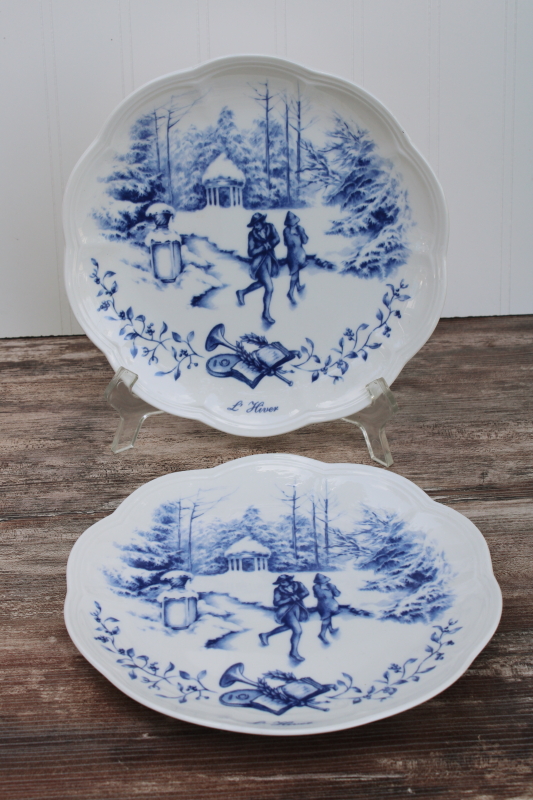 photo of Lenox Les Saisons vintage French country blue and white china toile print accent plates Winter scene #2