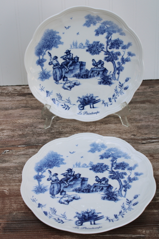 photo of Lenox Les Saisons vintage French country blue white china toile print accent plates Spring scene #2