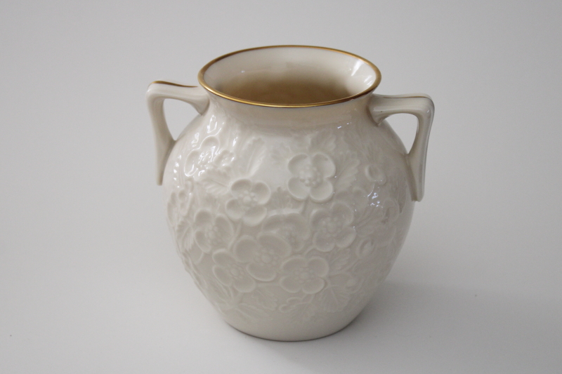 Lenox Pastoral embossed floral pattern vase, ivory w/ gold double ...