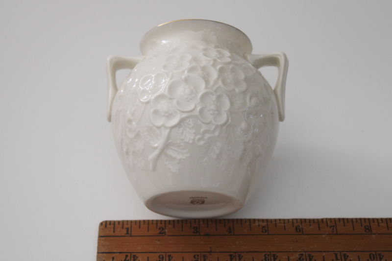 photo of Lenox Pastoral embossed floral pattern vase, ivory w/ gold double handle shape #4