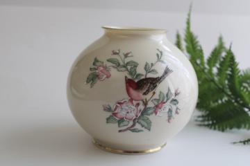 catalog photo of Lenox Serenade china, round rose bowl globe vase w/ red bird & flowers 