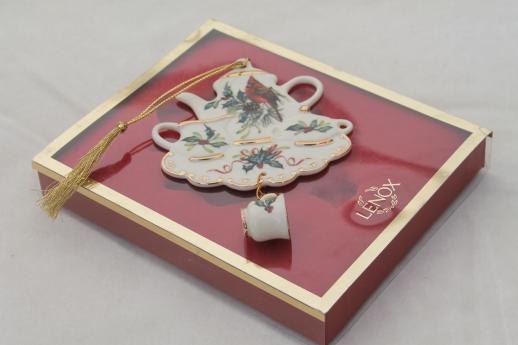 photo of Lenox china Christmas ornament Winter Greetings red cardinal & holly teapot tea cup #1