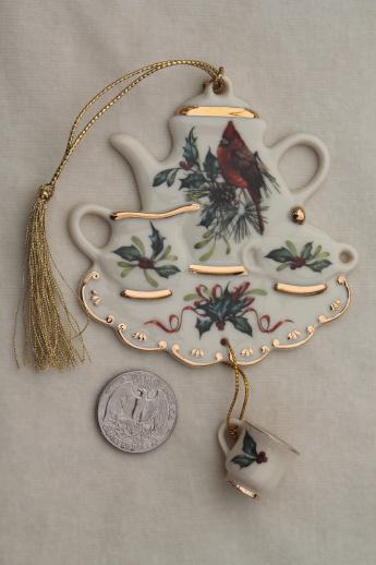 photo of Lenox china Christmas ornament Winter Greetings red cardinal & holly teapot tea cup #2