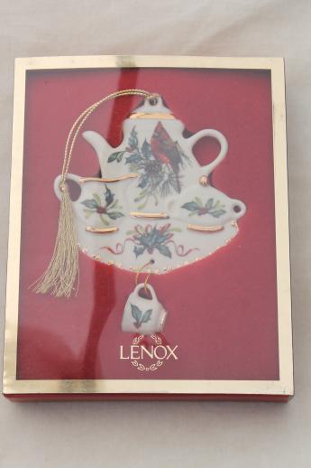 photo of Lenox china Christmas ornament Winter Greetings red cardinal & holly teapot tea cup #6