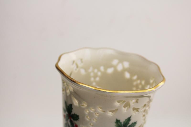 photo of Lenox china holly pattern gold trim pierced border vase, Christmas holiday #3