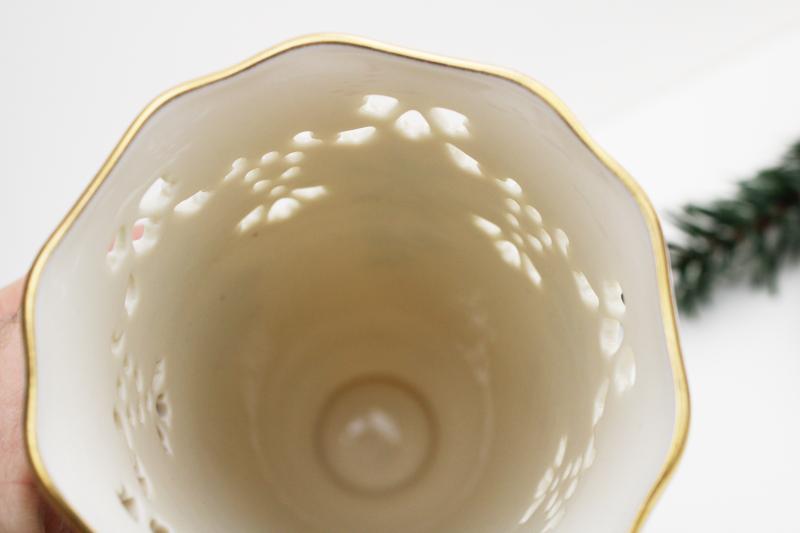 photo of Lenox china holly pattern gold trim pierced border vase, Christmas holiday #4