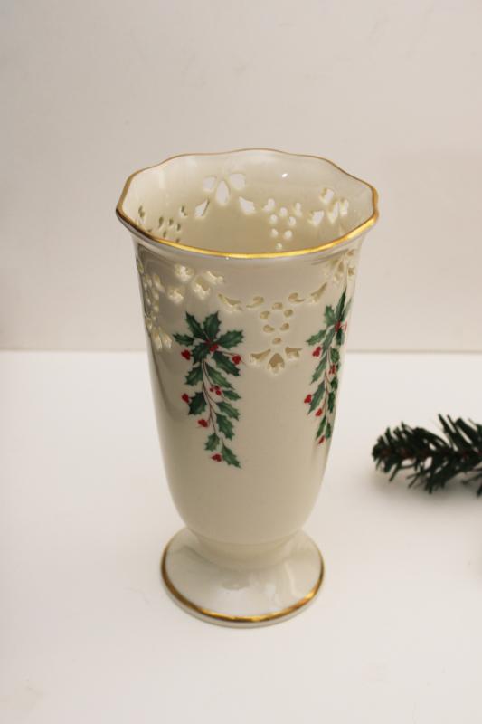 photo of Lenox china holly pattern gold trim pierced border vase, Christmas holiday #7