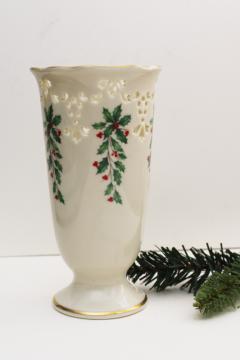 catalog photo of Lenox china holly pattern gold trim pierced border vase, Christmas holiday