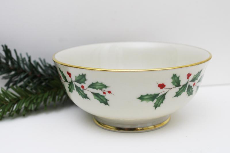 photo of Lenox holiday pattern china, small footed bowl w/ green & red holly, gold trim #1