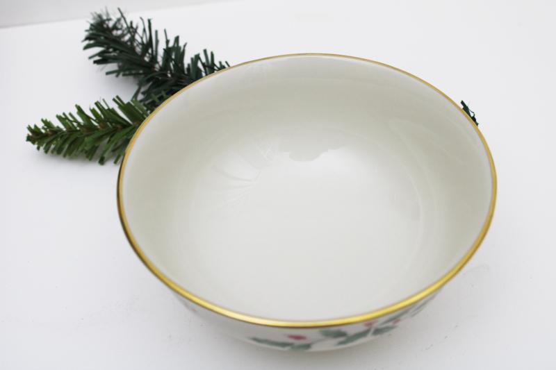 photo of Lenox holiday pattern china, small footed bowl w/ green & red holly, gold trim #2