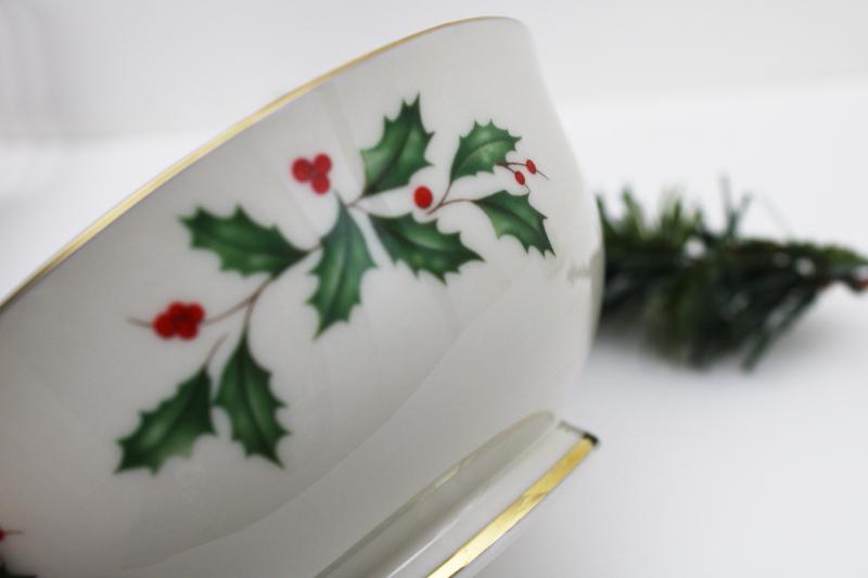 photo of Lenox holiday pattern china, small footed bowl w/ green & red holly, gold trim #3