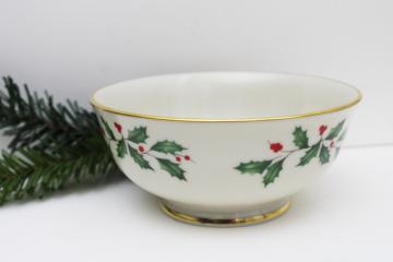 catalog photo of Lenox holiday pattern china, small footed bowl w/ green & red holly, gold trim