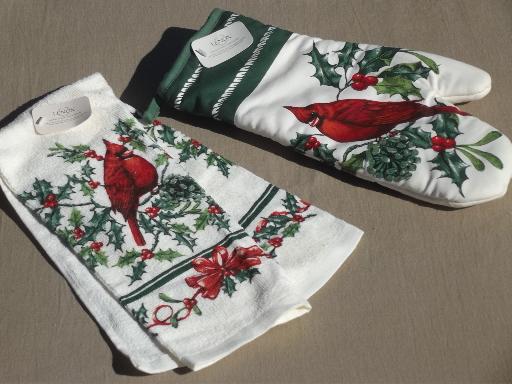 photo of Lenox red cardinal Christmas kitchen linens, towel & oven mitt w/ tags #1