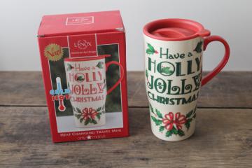 Lenox travel mug ceramic coffee cup w/ lid, Holly Jolly Christmas color changing hot / cold