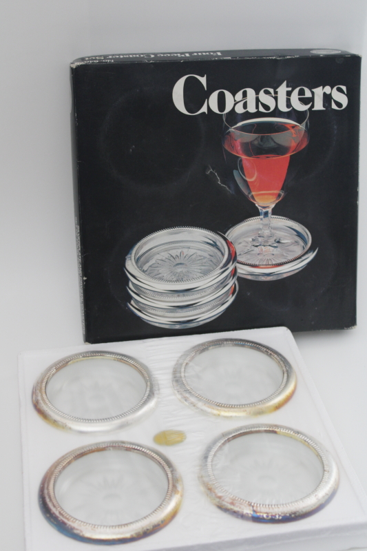photo of Leonard Italy silver plate rim glass coasters, sealed original box vintage 1980 #1