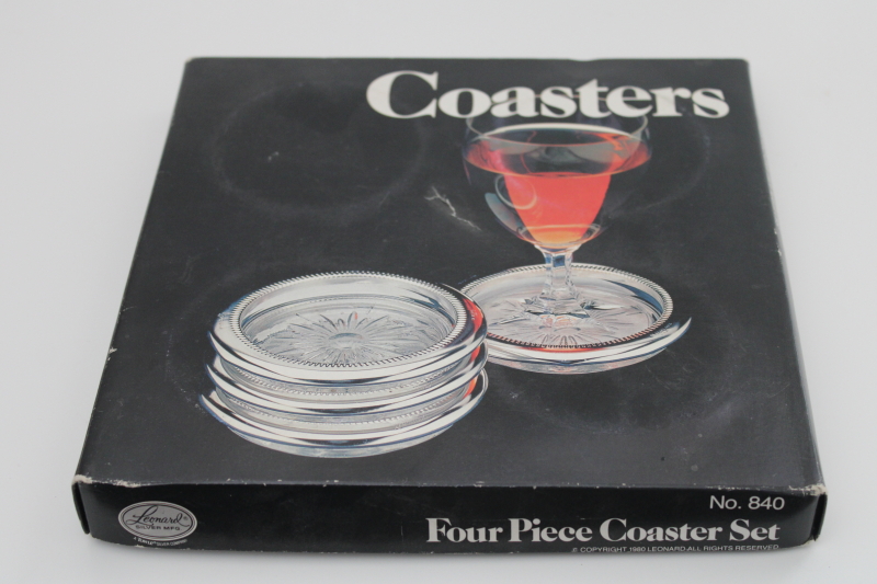 photo of Leonard Italy silver plate rim glass coasters, sealed original box vintage 1980 #4