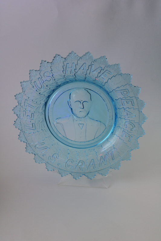 photo of Let Us Have Peace President US Grant memorial plate vintage ice blue pressed glass antique reproduction?  #1